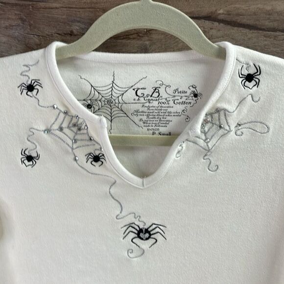 C.B. Casual Petite Small Top, White with Black Spiders & Silver Web Embroidery - Picture 6 of 8